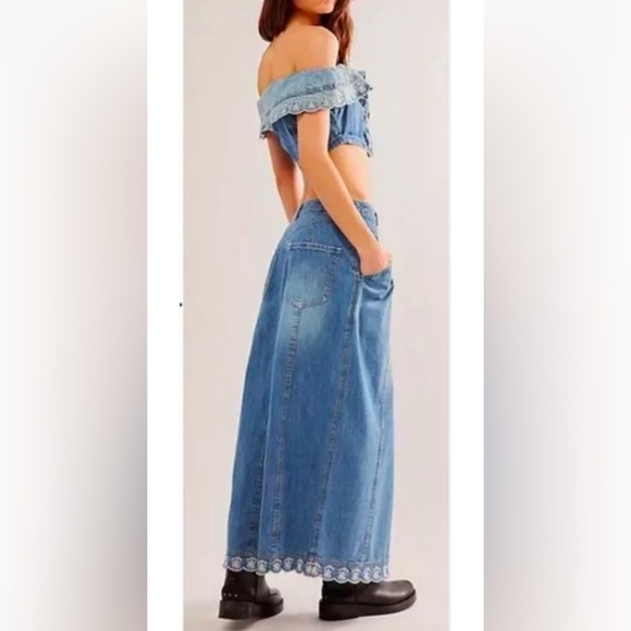 Free People Kora Set Denim Off The Shoulder Top Skirt Embroidered Trim Blue - Picture 5 of 9